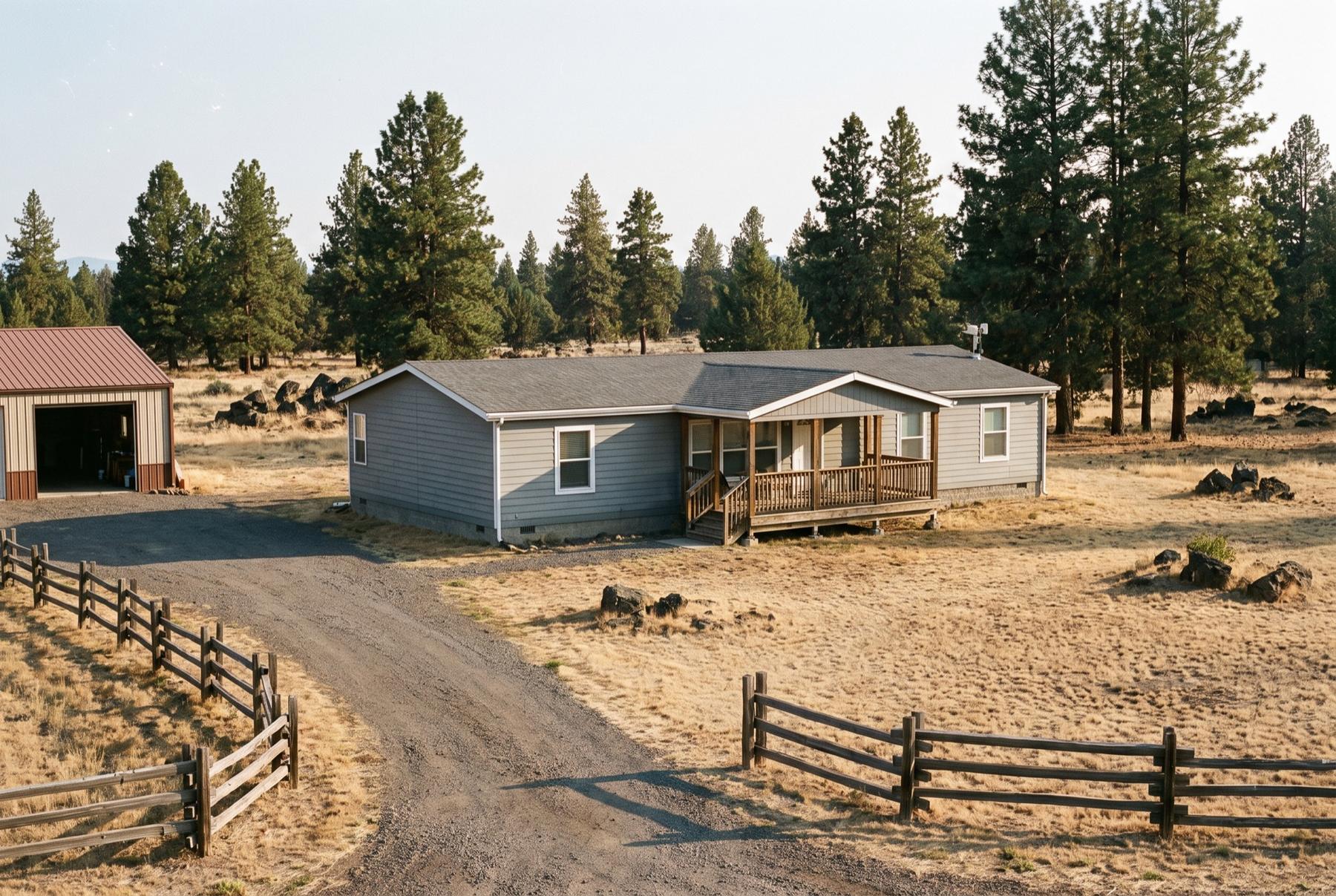 A double-wide manufactured home with a covered porch on dry grassland among ponderosa pines north of Spokane, with a metal shop building and a gravel drive