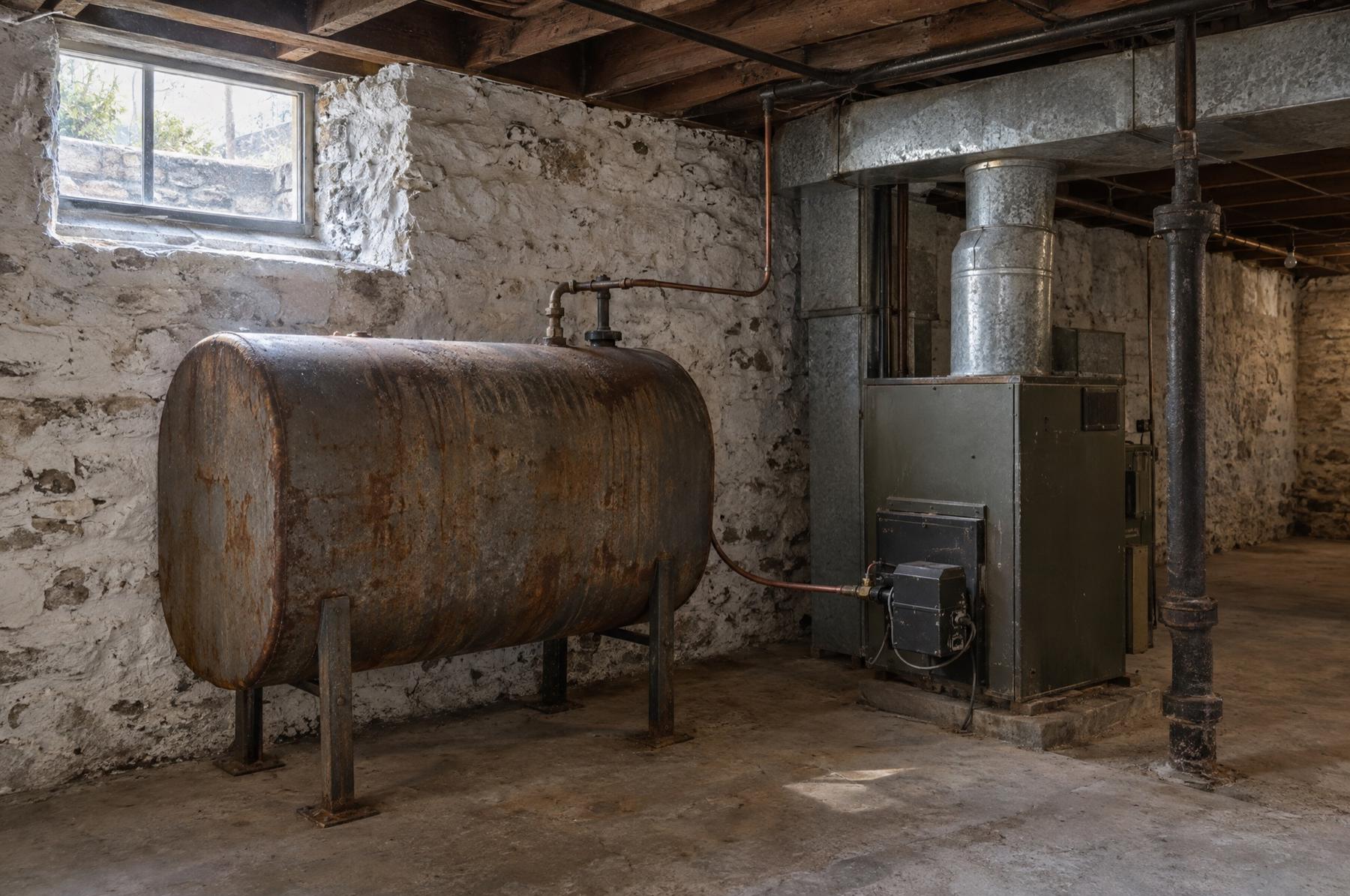 An old steel heating oil tank on metal legs in the stone-walled basement of an older Spokane brick house, beside a converted furnace