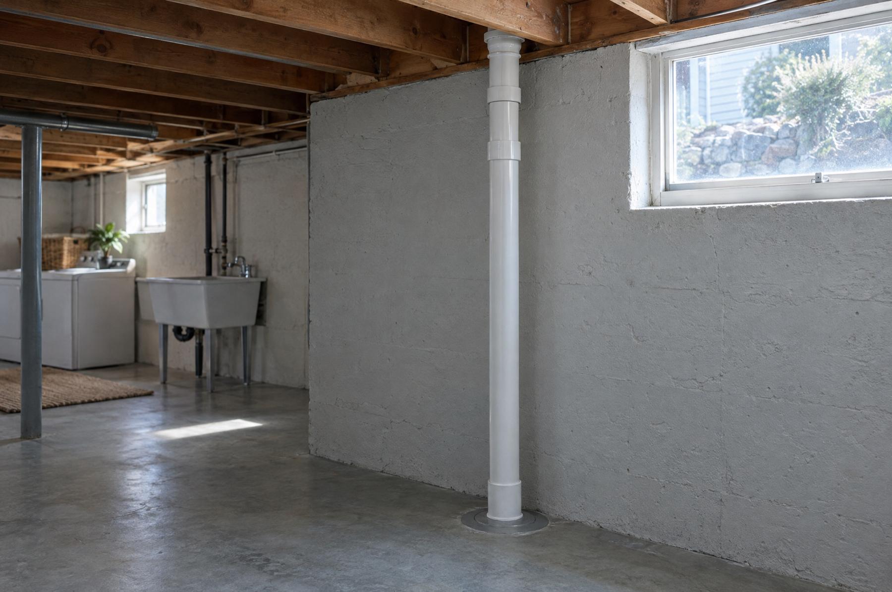 A white radon mitigation pipe rising from the concrete floor of an unfinished Spokane basement and running up the wall to the floor framing