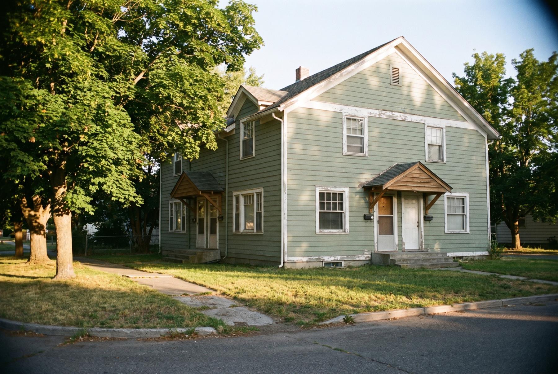 A two-story 1940s wartime duplex in central Richland with green siding, two front doors under small gabled hoods, and tall shade trees