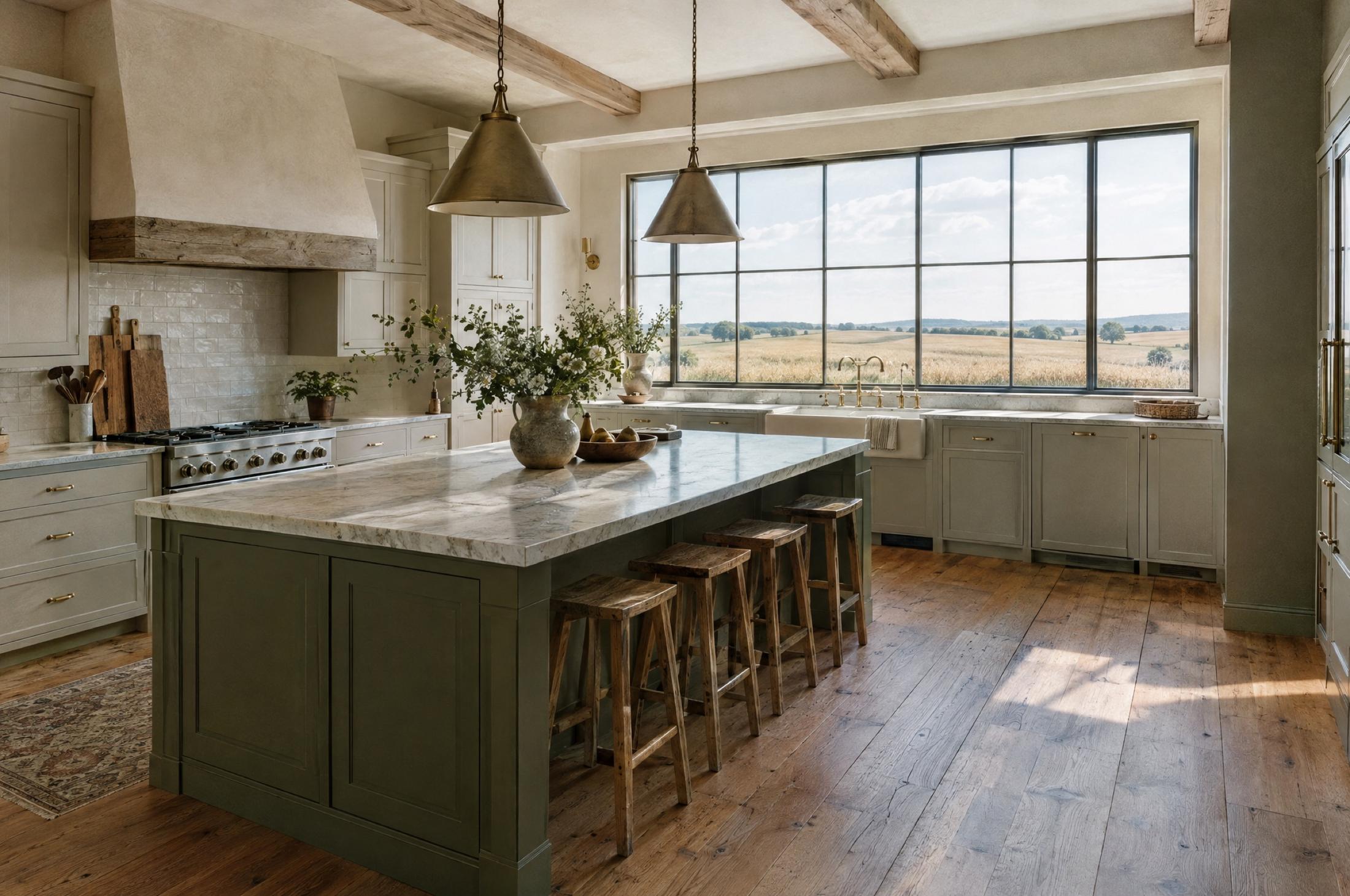 Farmhouse kitchen with wide plank oak floors, a sage green island with a marble top and wooden stools, brass pendant lights, and a large steel-framed window looking out on wheat fields
