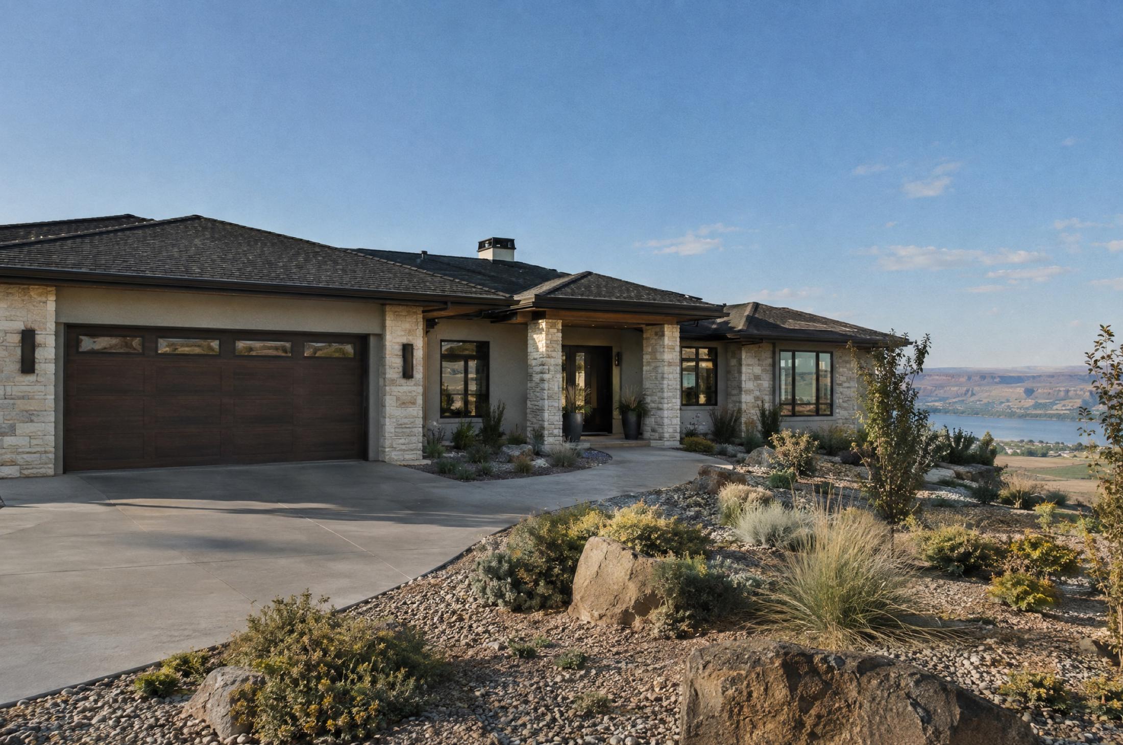 Single-story stone and stucco ranch home with a wide hip roof and dark garage door, desert landscaping of boulders, gravel and sage, and a river valley in the distance under a clear sky