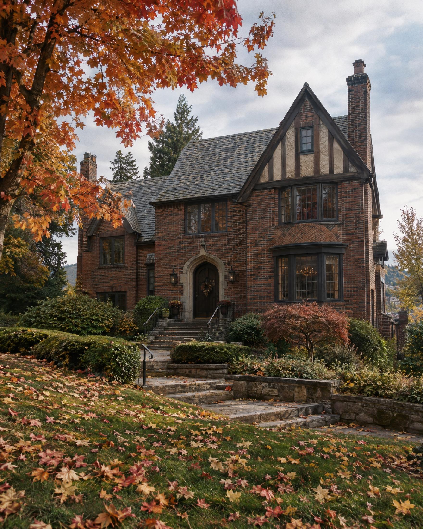 Two-story brick Tudor house with a half-timbered gable, arched front door and stone steps, framed by an orange maple, with fallen leaves across the sloped lawn
