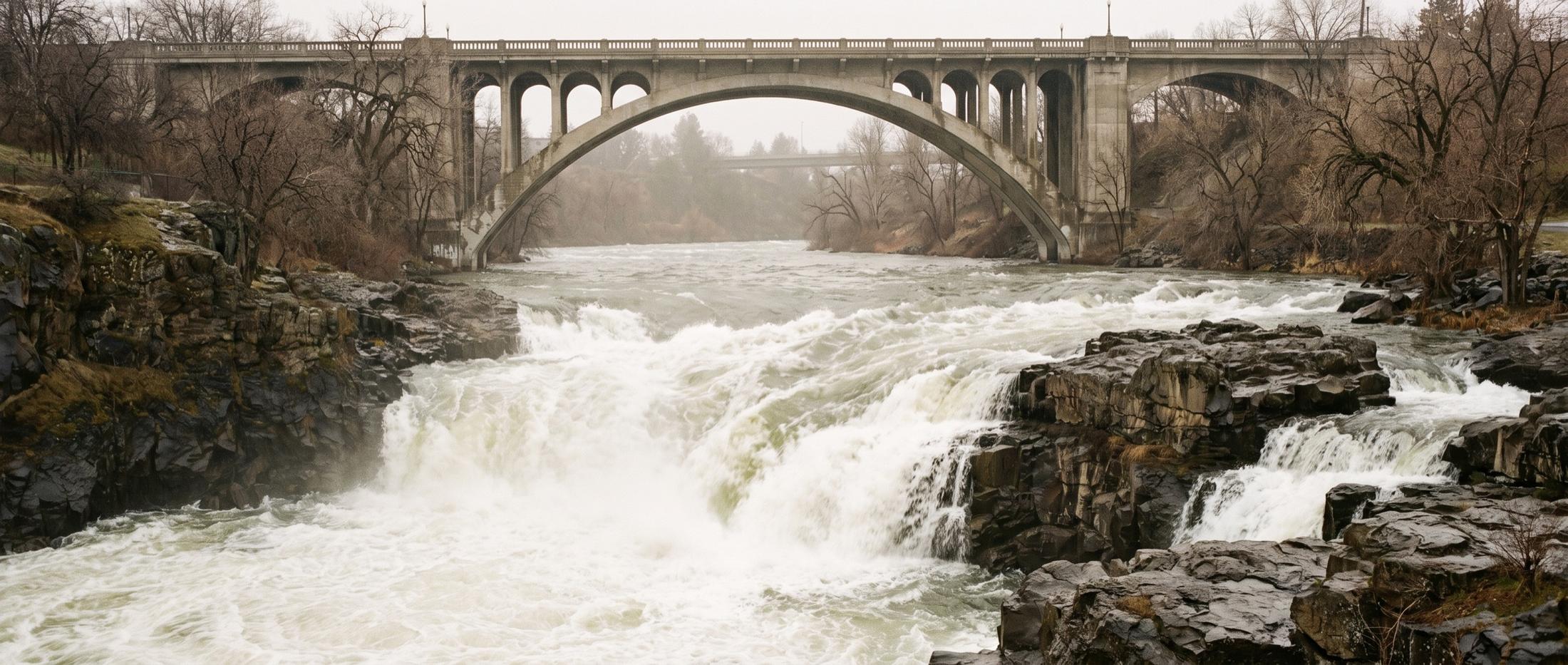 Spring runoff pouring over dark basalt ledges on the Spokane River beneath a concrete arch bridge, bare trees along the banks on an overcast day